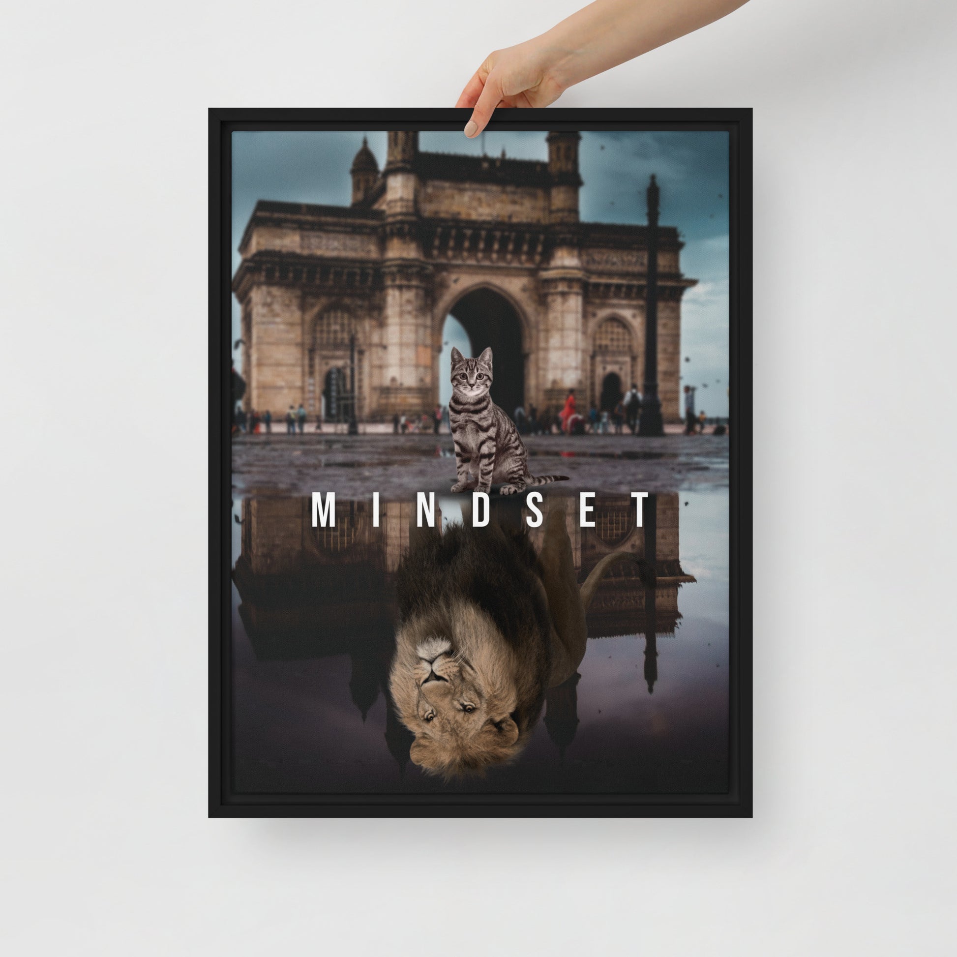 Courageous Cat and Lion's Mindset - Framed Wall Canvas - KingKanvas