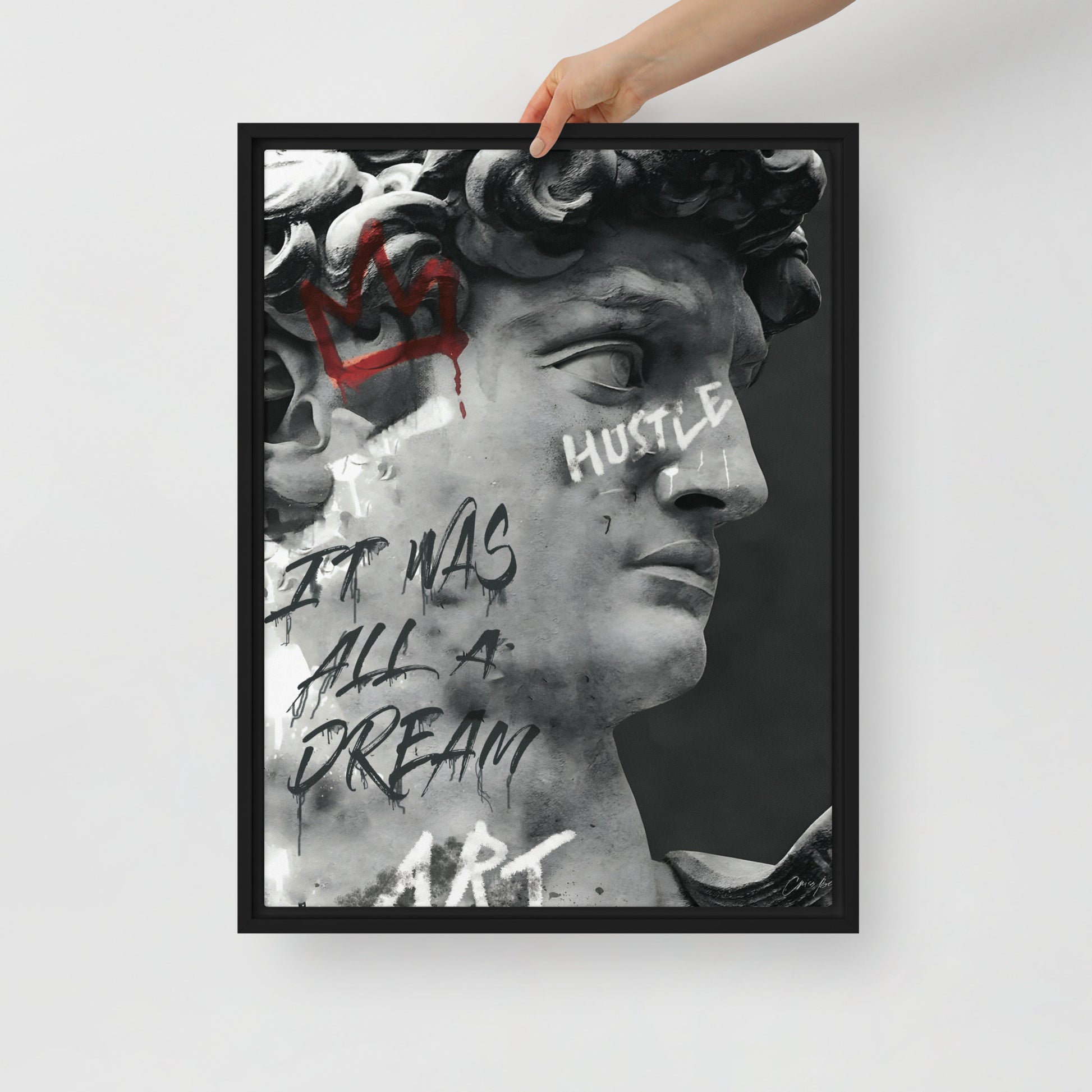 Classical meets Contemporary: Greek Statue with Hustle and It Was All A Dream Graffiti - Framed Wall Art Canvas - KingKanvas