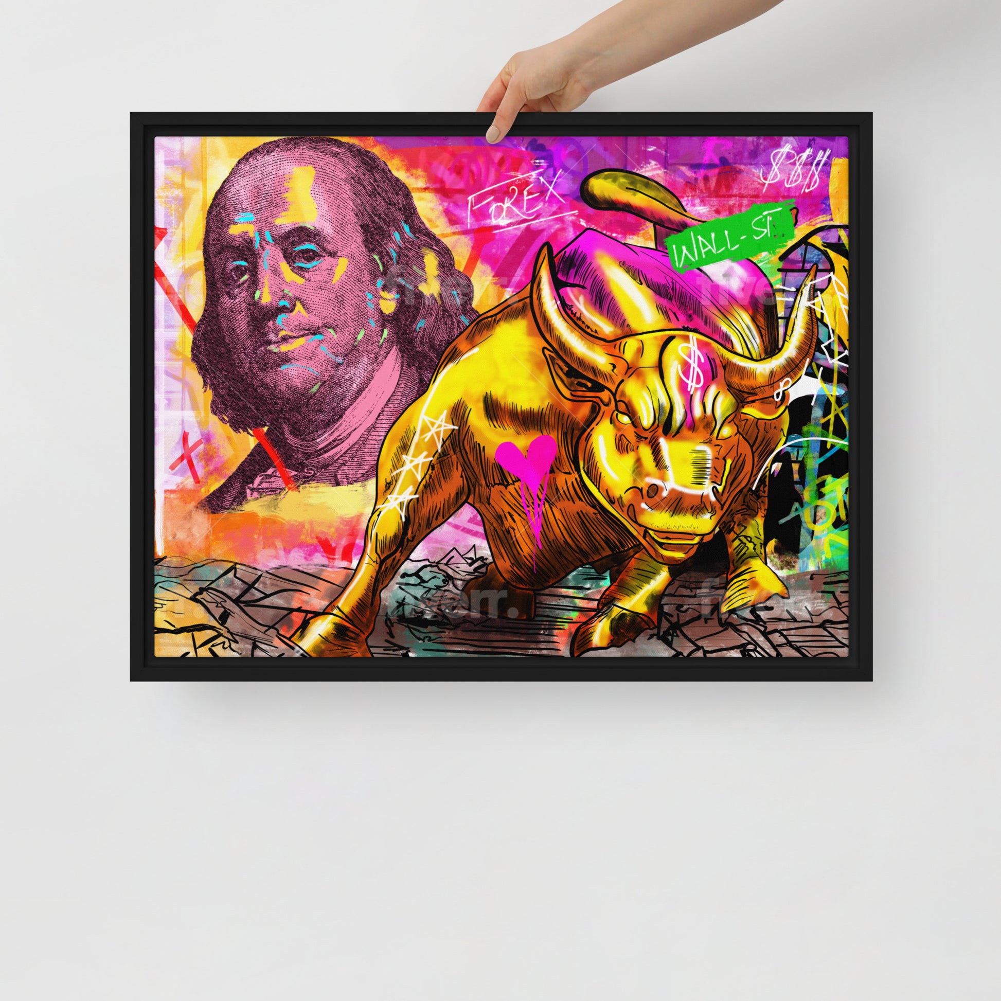 The Iconic Duo: Benjamin Franklin and the Bull of Wall Street Framed Canvas - KingKanvas