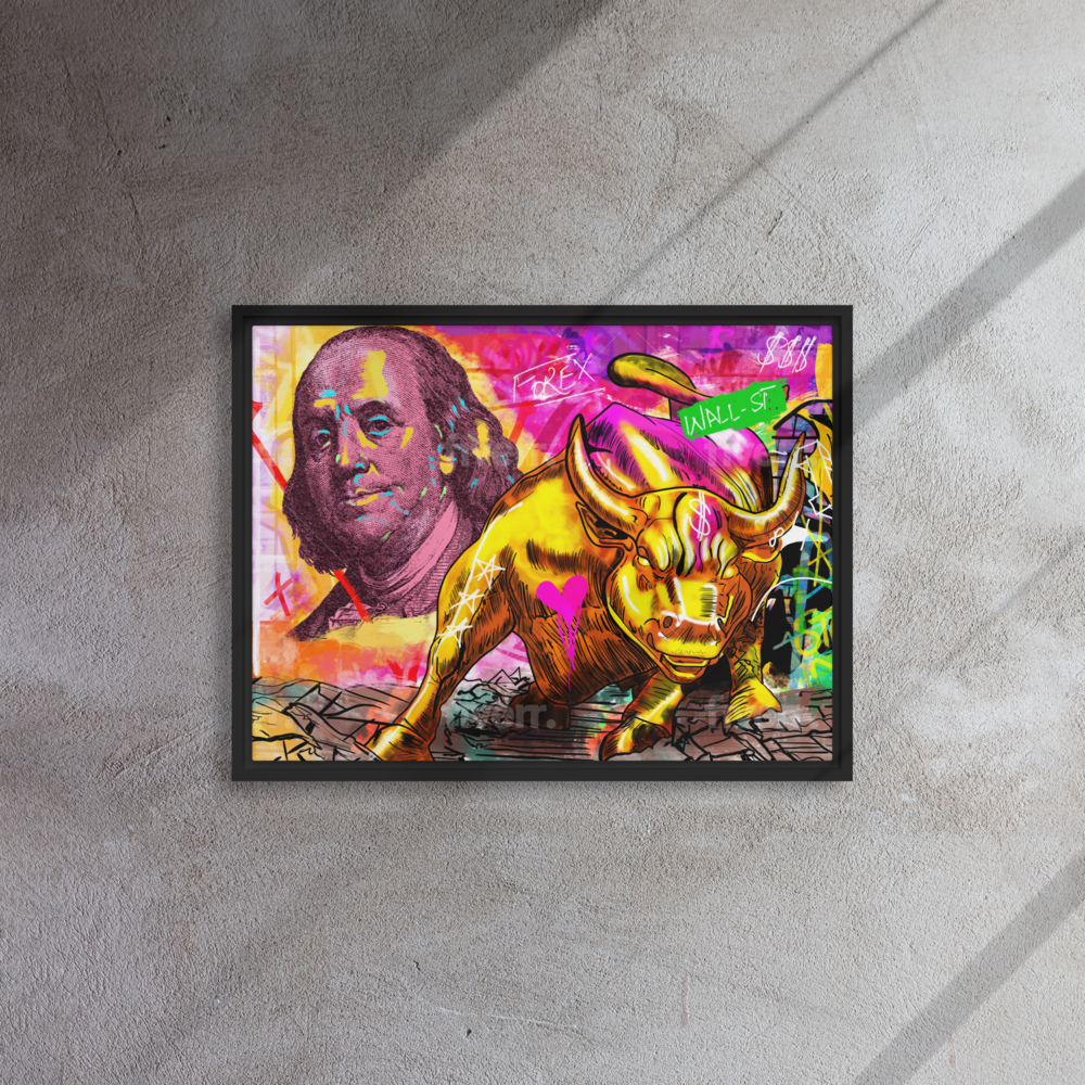 The Iconic Duo: Benjamin Franklin and the Bull of Wall Street Framed Canvas - KingKanvas