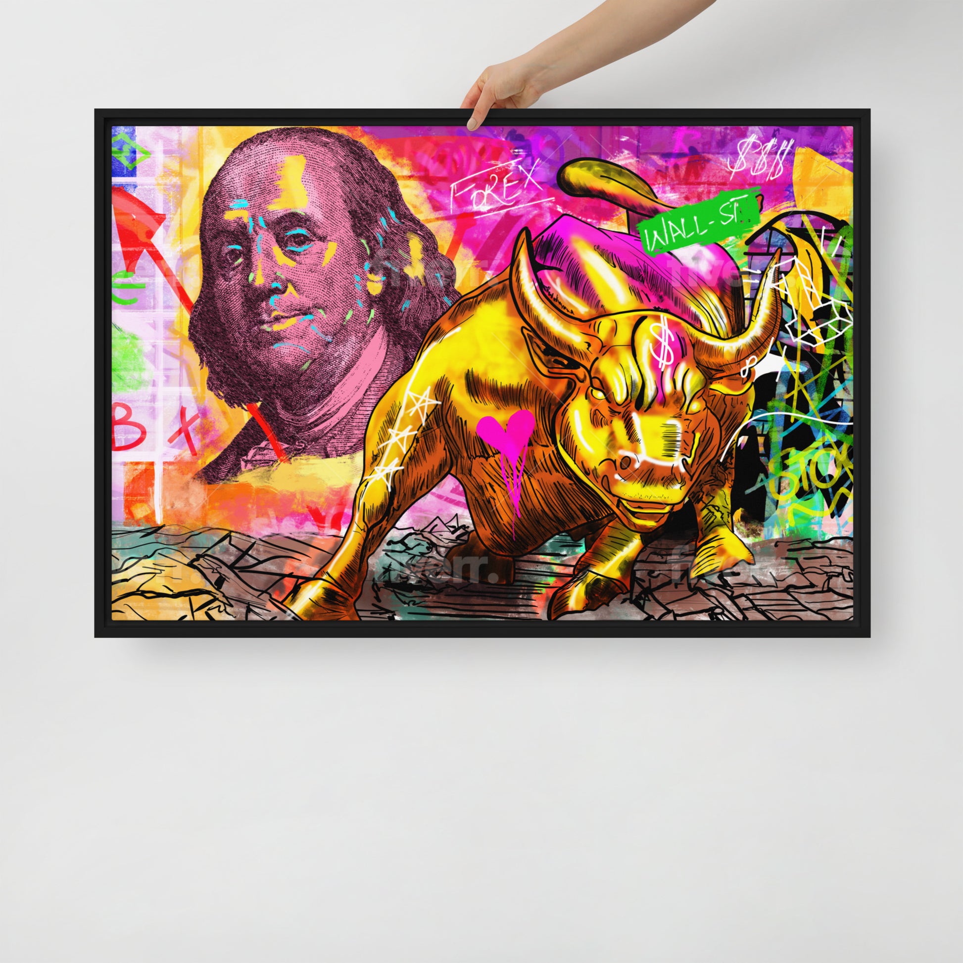 The Iconic Duo: Benjamin Franklin and the Bull of Wall Street Framed Canvas - KingKanvas