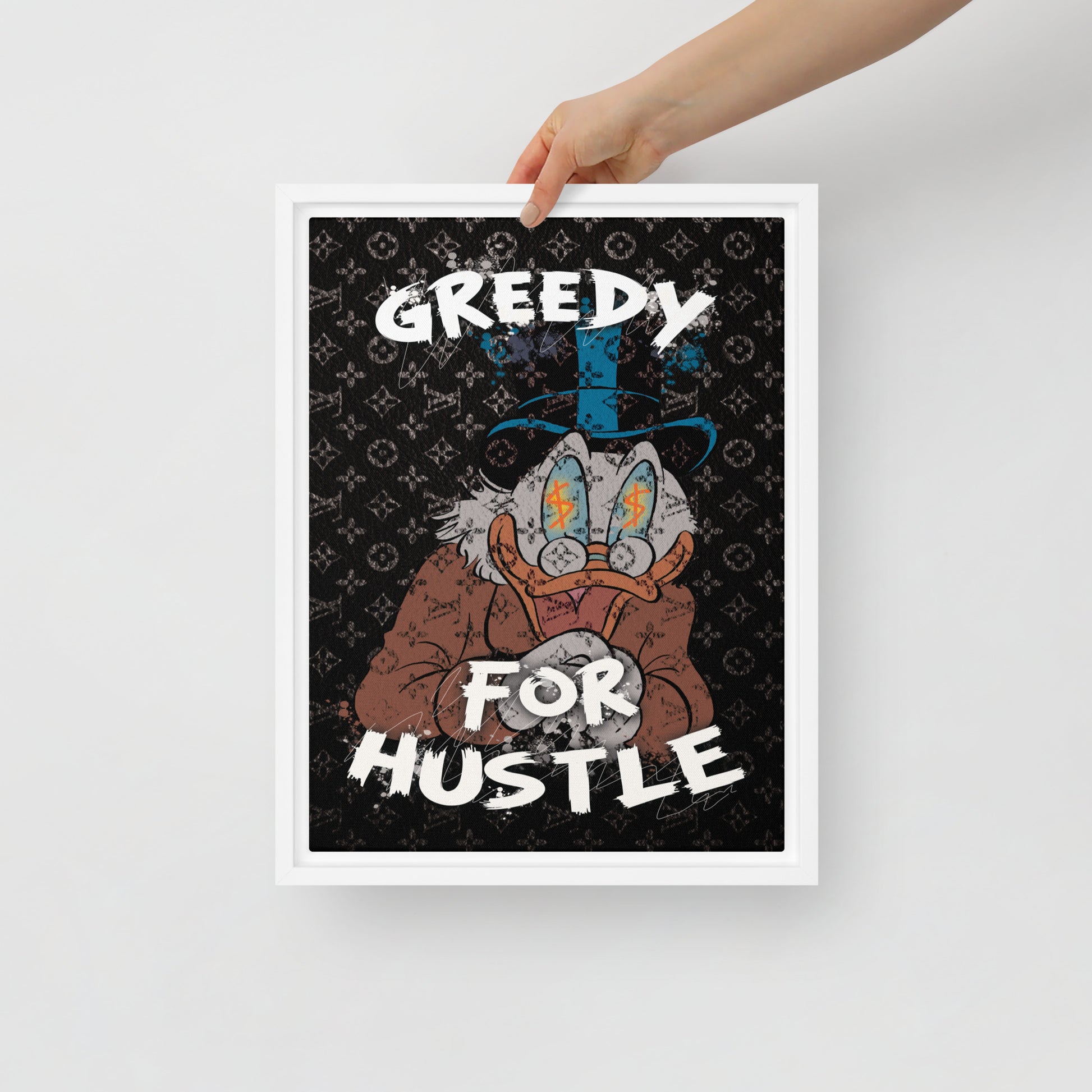 Hustlers Edition Scrooge McDuck on Louis Vuitton Background - Greedy for the Hustle! Framed Luxury Wall Canvas - KingKanvas