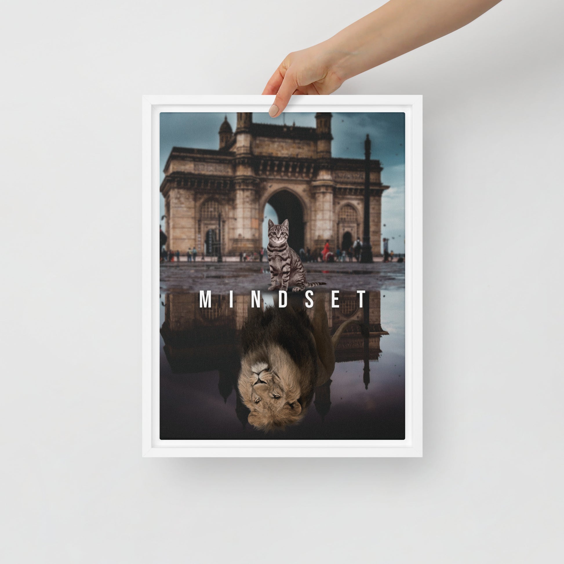 Courageous Cat and Lion's Mindset - Framed Wall Canvas - KingKanvas