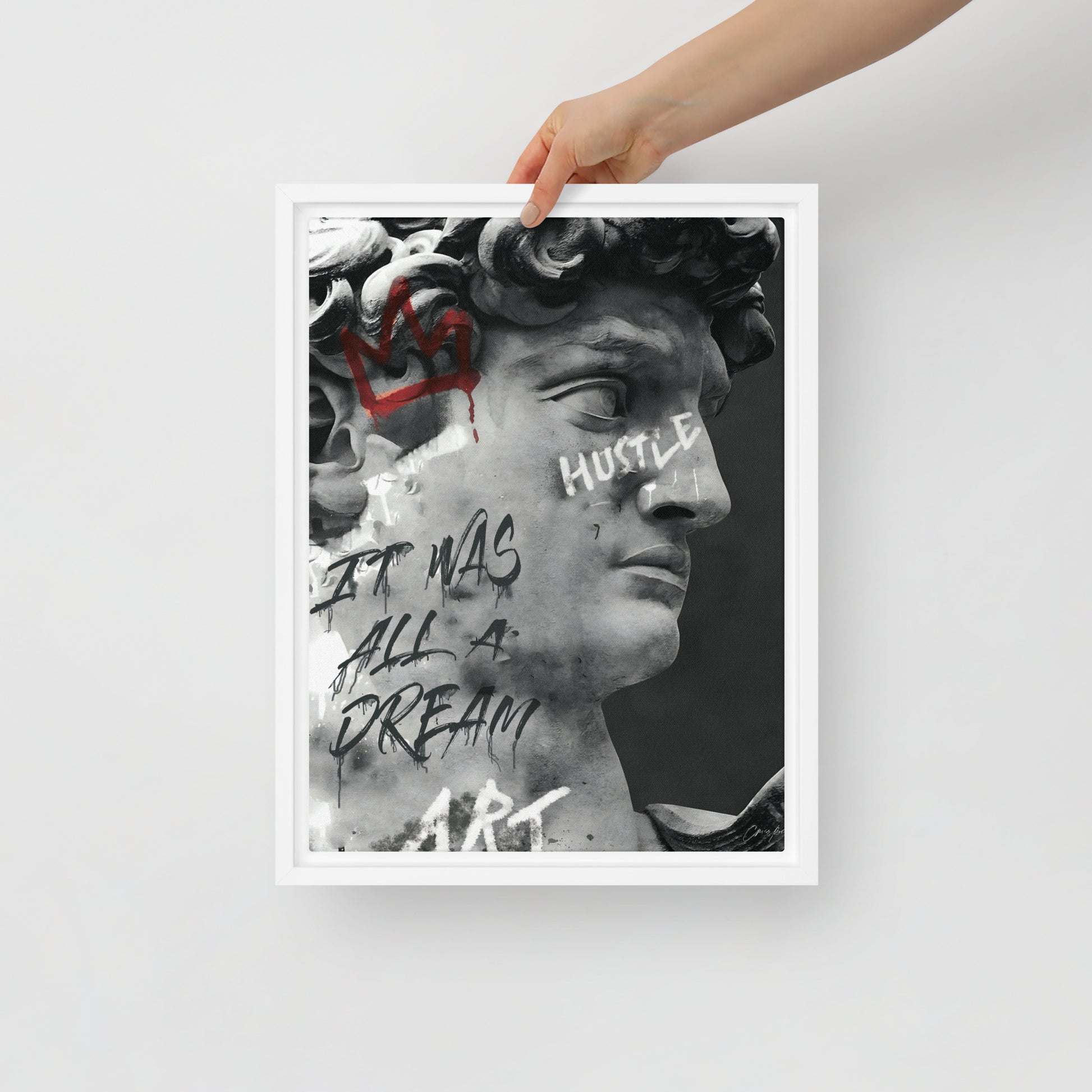 Classical meets Contemporary: Greek Statue with Hustle and It Was All A Dream Graffiti - Framed Wall Art Canvas - KingKanvas