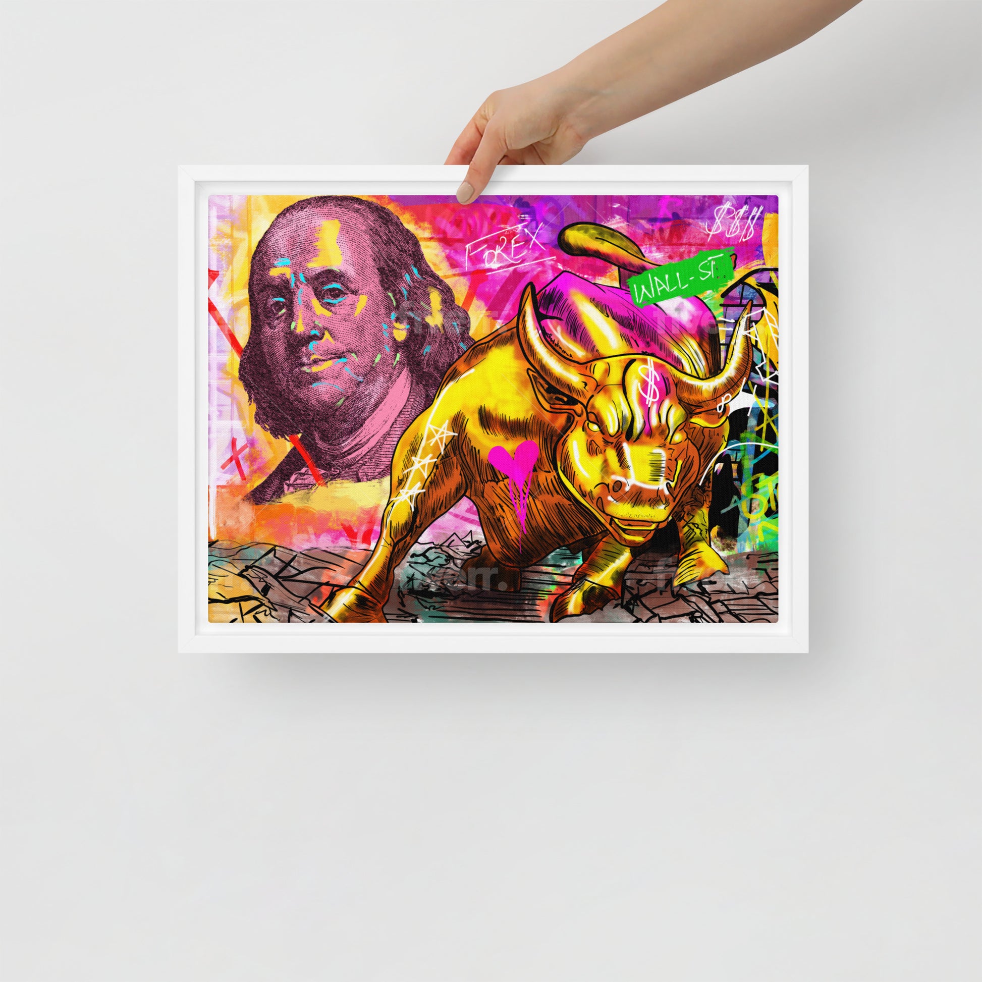 The Iconic Duo: Benjamin Franklin and the Bull of Wall Street Framed Canvas - KingKanvas