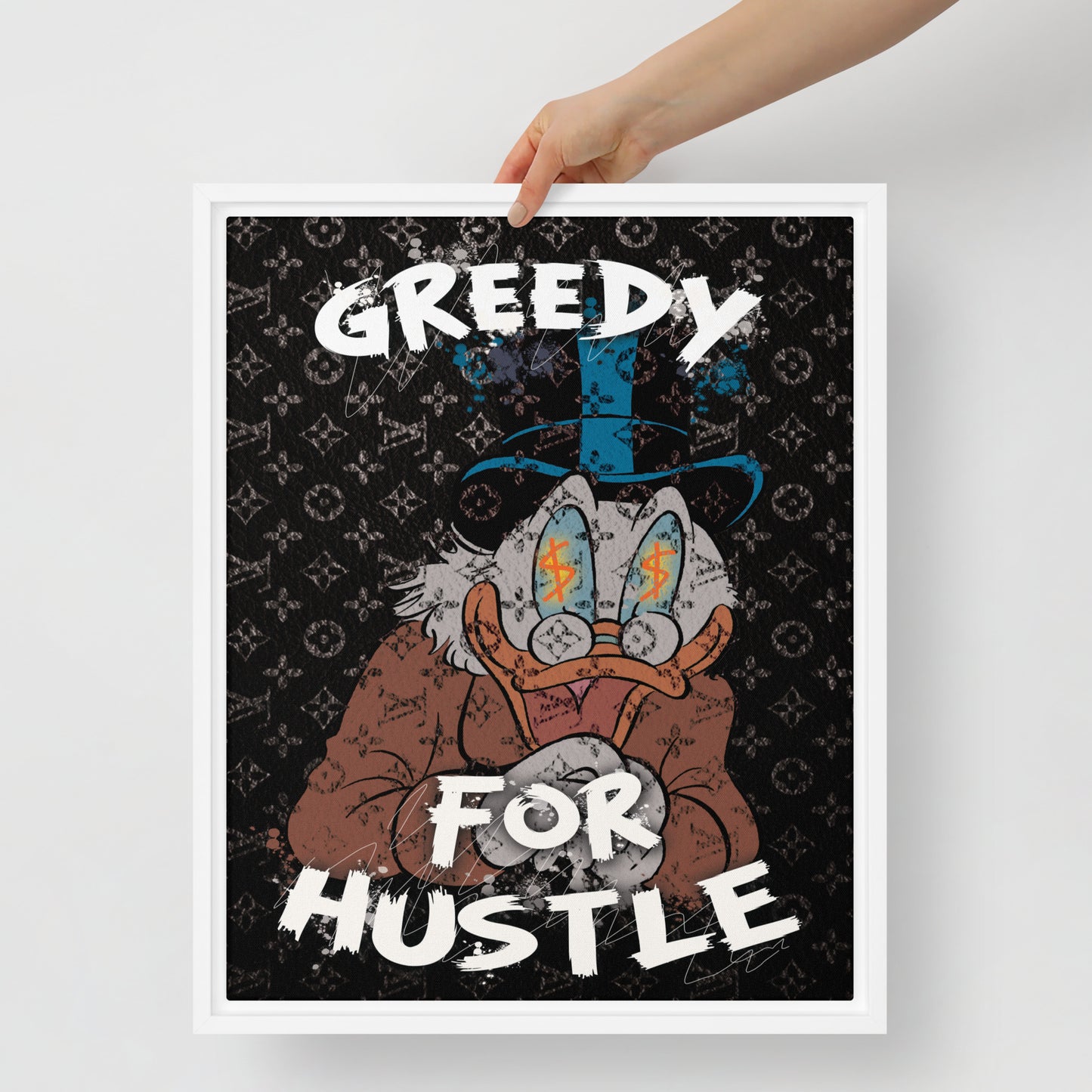 Hustlers Edition Scrooge McDuck on Louis Vuitton Background - Greedy for the Hustle! Framed Luxury Wall Canvas - KingKanvas