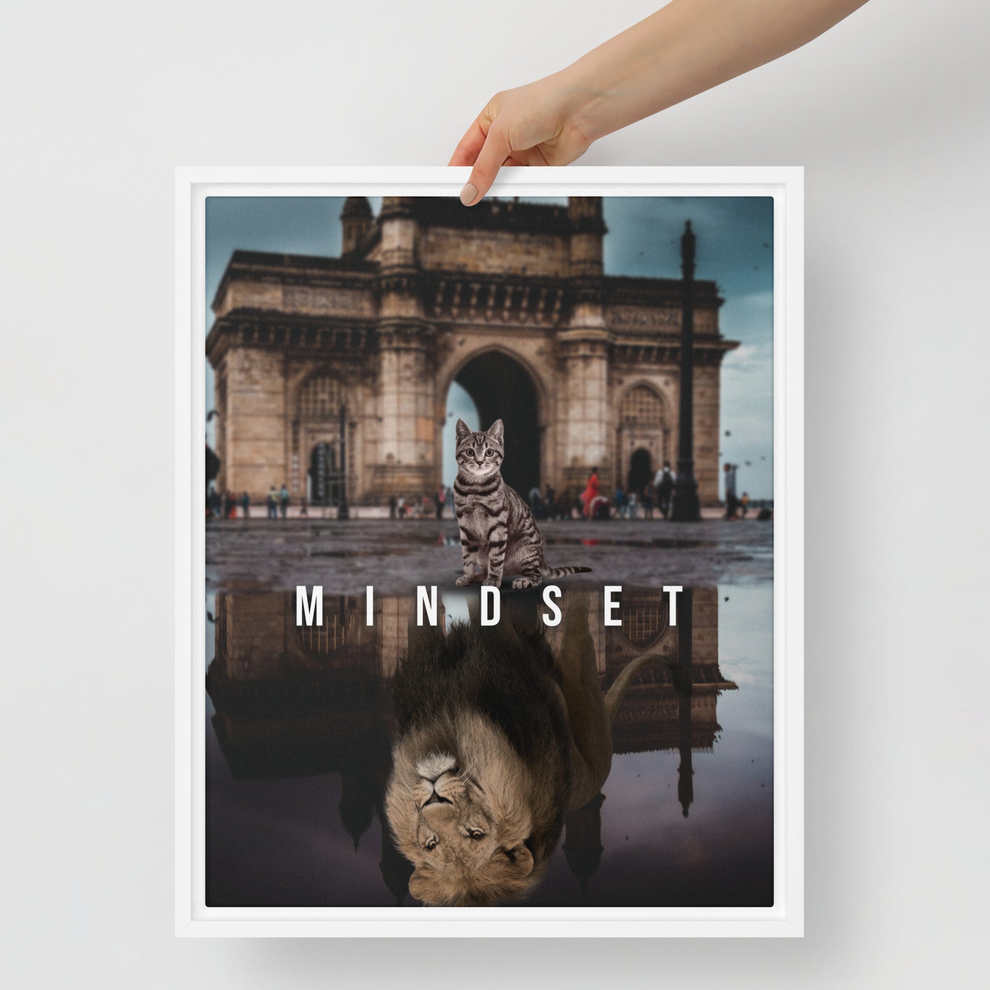 Courageous Cat and Lion's Mindset - Framed Wall Canvas - KingKanvas