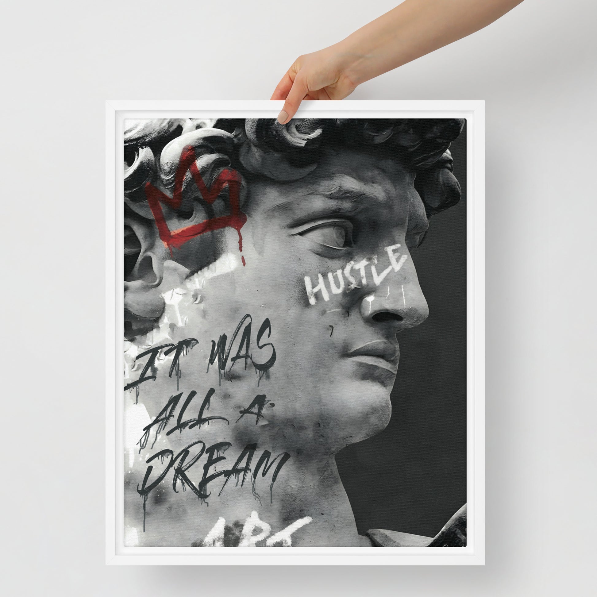Classical meets Contemporary: Greek Statue with Hustle and It Was All A Dream Graffiti - Framed Wall Art Canvas - KingKanvas