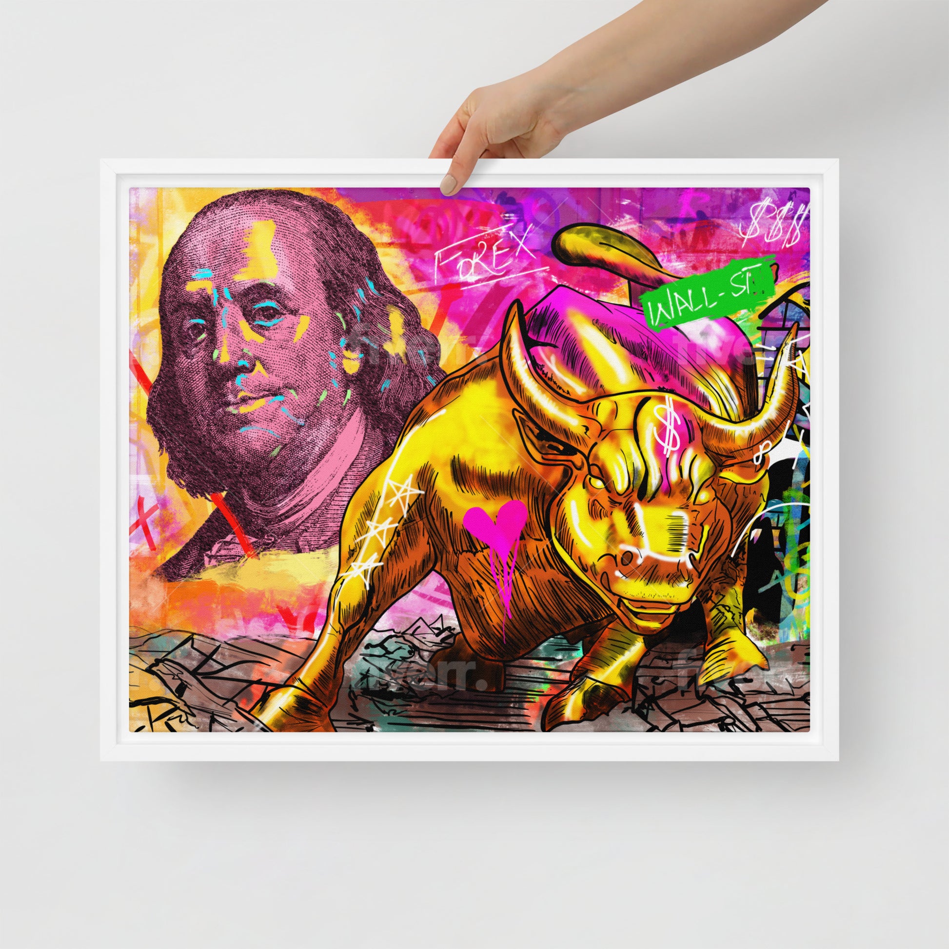 The Iconic Duo: Benjamin Franklin and the Bull of Wall Street Framed Canvas - KingKanvas