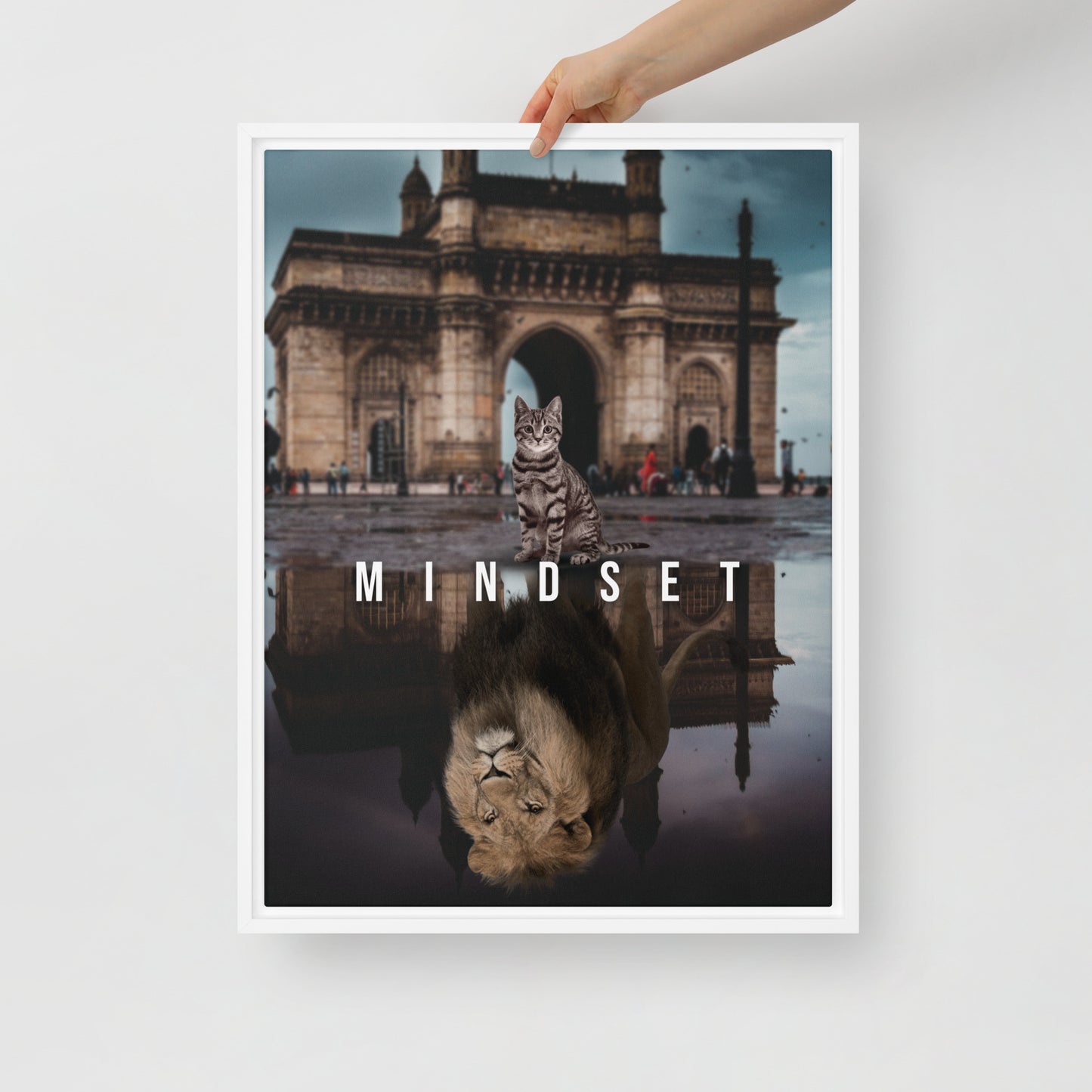 Courageous Cat and Lion's Mindset - Framed Wall Canvas - KingKanvas