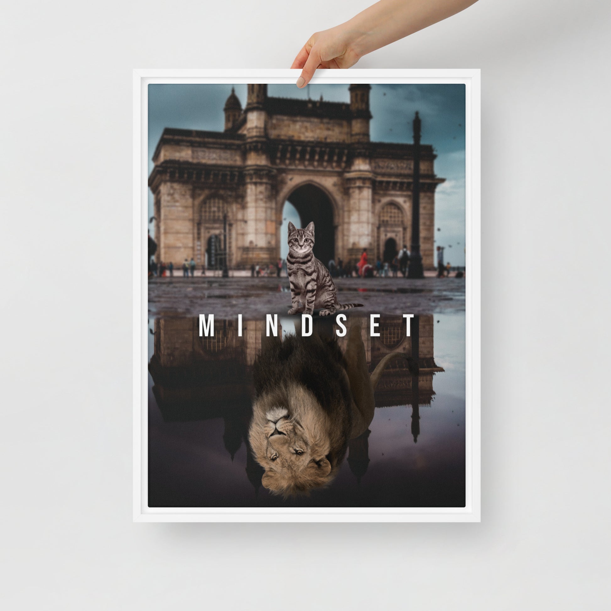 Courageous Cat and Lion's Mindset - Framed Wall Canvas - KingKanvas
