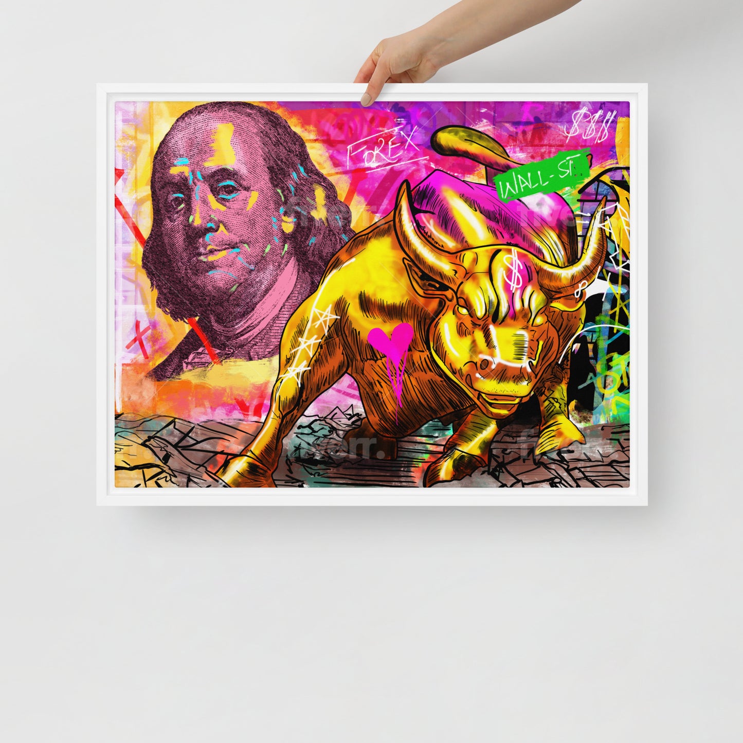 The Iconic Duo: Benjamin Franklin and the Bull of Wall Street Framed Canvas - KingKanvas